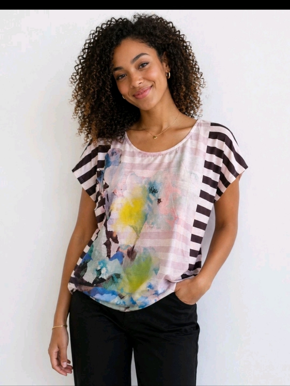 Apt 9 Womens Large Floral Stripe High Low Tunic Blouse Short Sleeve Tee Shirt